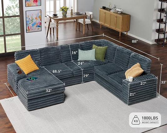 AMERLIFE 112 Inch U Shaped Couch, Oversized Sofa with Storage Chaise & Cup Holders, Sectional Sofa with USB & Type-C Charging Ports, Faux Fur Dark Grey Sofa