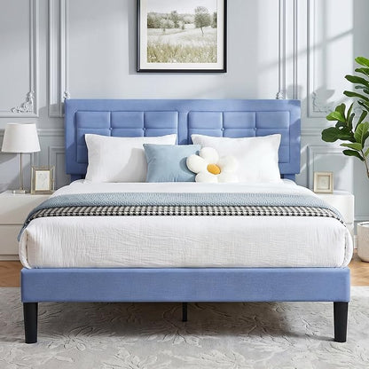VECELO Queen Size Bed Frame, Adjustable Upholstered Button Tufted Headboard, Heavy-Duty Bedframe with Wood Slats Support, No Box Spring Needed, Light Blue