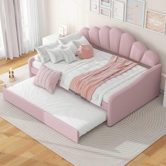Ball & Cast Full Size Daybed with Trundle,Velvet Upholstered Day Bed Frame Full with Shall Shaped Backrest and Wood Slat Support,No Box Spring Needed,Pink