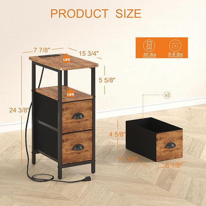 sthmec Narrow End Table with Charging Station, Narrow Side Table with 2 Fabric Drawers, Slim Nightstand, Skinny Bedside Table, Small Side Table for Small Spaces, Living Room, Bedroom, Rustic Brown