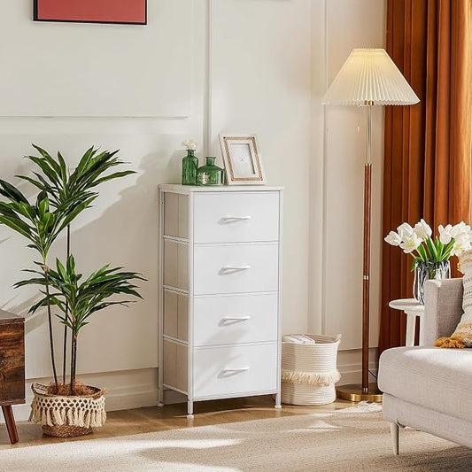 DUMOS Nightstand with 4 Drawers Bedside Table with Removable Fabric Bins Sturdy Steel Frame Wood Top Organizer Furniture for Bedroom Closet Living Room