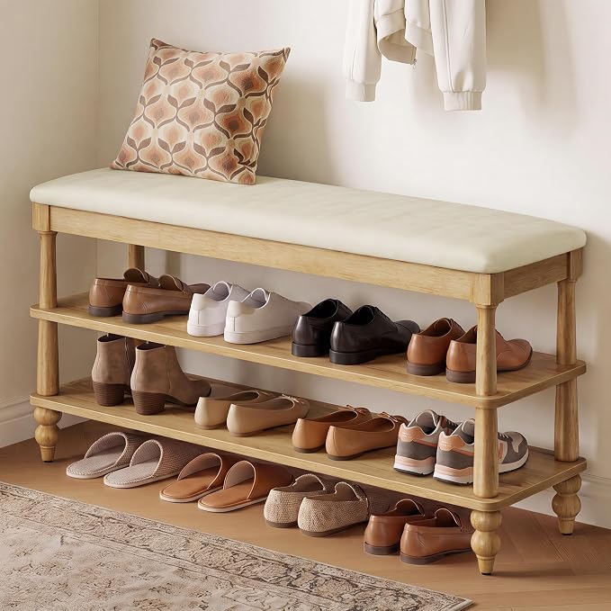 VASAGLE Mariel Collection - Shoe Bench, Wooden Entryway Bench with Padded Seat, 2-Tier Shoe Storage Rack, 39.4 x 11.6 x 19.7 inches, for Entryway and Bedroom, Natural Brown ULSB200K101S
