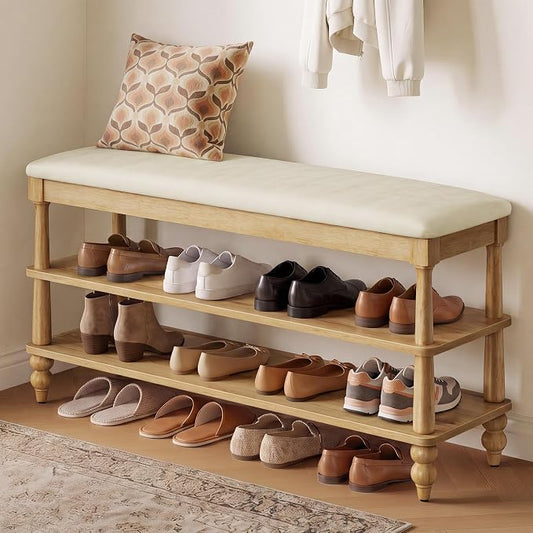 VASAGLE Mariel Collection - Shoe Bench, Wooden Entryway Bench with Padded Seat, 2-Tier Shoe Storage Rack, 39.4 x 11.6 x 19.7 inches, for Entryway and Bedroom, Natural Brown ULSB200K101S