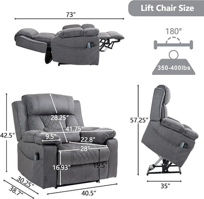 FUNECORP Big Man Power Lay Flat Lift Chair Oversized Recliner Dual Motor Heat Vibration for Elderly, Overstuffed Electric 28" Extra Wide Recliners with Flip Arm Storage Cup Holders,USB Type C Charging