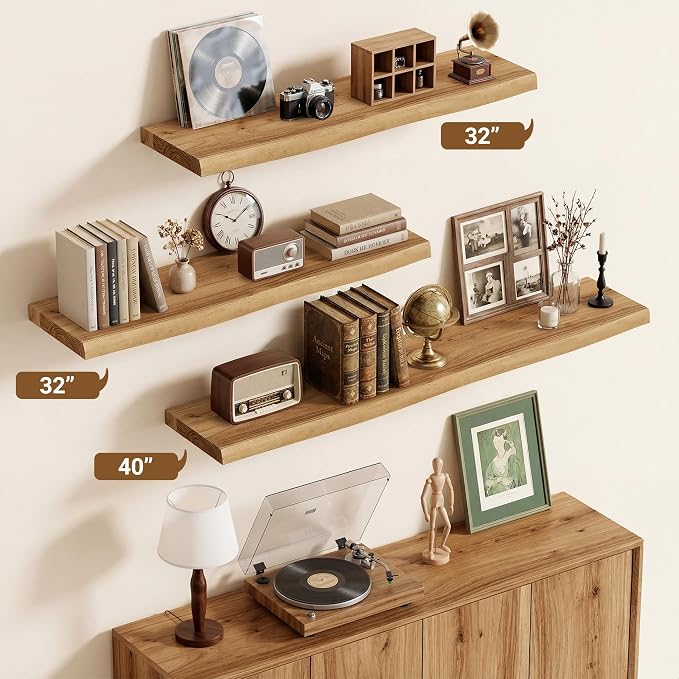 Vivelove Live Edge Floating Shelves 24 inch, Elm Wood Shelf, Rustic Farmhouse Wall Shelf with Invisible Bracket for Living Room Bedroom Bathroom Office Book, 24x8 - Set of 2 - Natural