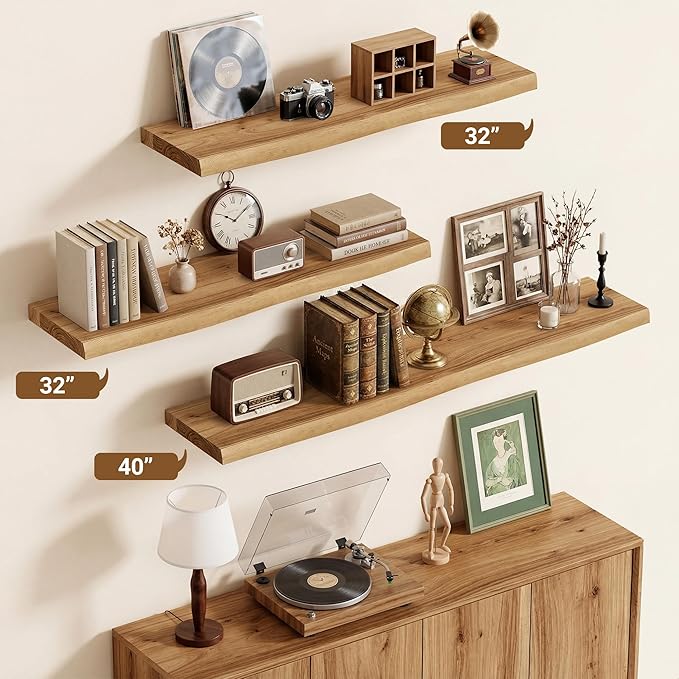 Vivelove Live Edge Floating Shelves 36 inch, Elm Wood Shelf with Invisible Bracket, Rustic Farmhouse Wall Shelf for Living Room Bedroom Bathroom Office Book, 36x8 - Set of 2 - Natural