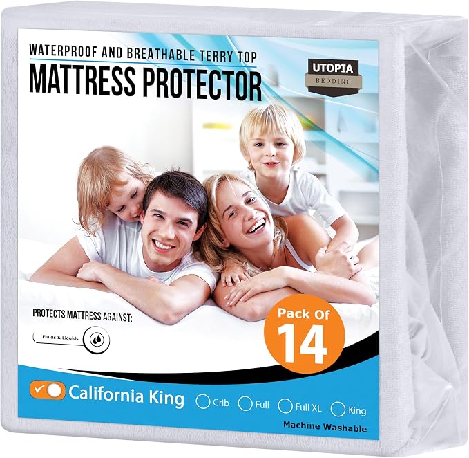 Utopia Bedding Waterproof Mattress Protector California King Size (Pack of 14), Premium Terry Mattress Cover 200 GSM, Breathable, Fitted Style with Stretchable Pockets (White)