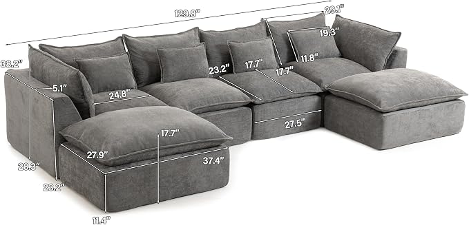 Boneless Couch Sectional Sofas Cloud Couches for Living Room | 130'' Modern Modular Cloud Sofa with Pillows and Ottoman for Bedroom