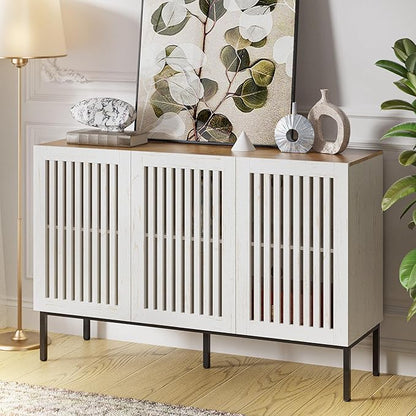 BVIUNTWO 47" Farmhouse Buffet Cabinet with Metal Base, Adjustable Shelves & 3 Doors, Antique White Storage Sideboard for Kitchen, Dining & Living Room