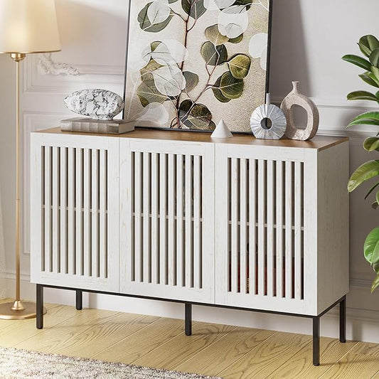 BVIUNTWO 47" Farmhouse Buffet Cabinet with Metal Base, Adjustable Shelves & 3 Doors, Antique White Storage Sideboard for Kitchen, Dining & Living Room