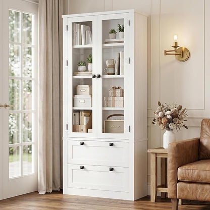 72" Tall Kitchen Pantry Cabinet - Modern Display Storage Cabinet with 2 Large Drawers, Glass Doors, and Adjustable Shelves, Farmhouse Kitchen Cupboard for Dining Room, Bathroom, Living Room, White