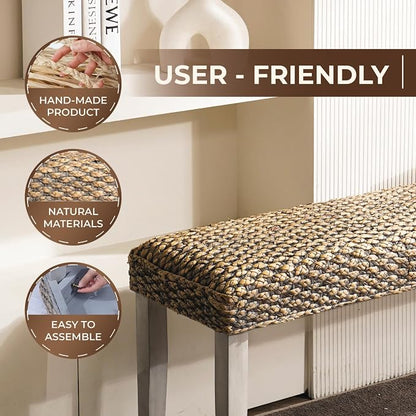 Solid Wood Acacia Indoor Bench with Natural Woven Water Hyacinth Seat, Wood Bench for Living Room or Entryway, Vintage Bench, Fishbone Style, Plait Style with Grey Leg