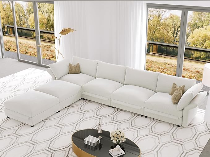 DreamDashio Oversized Sectional Sofa with Storage, 159" U Shaped Cloud Couch Sectional for Living Room with Adjustable Arms & High Backs, 6 Seater, Beige Chenille