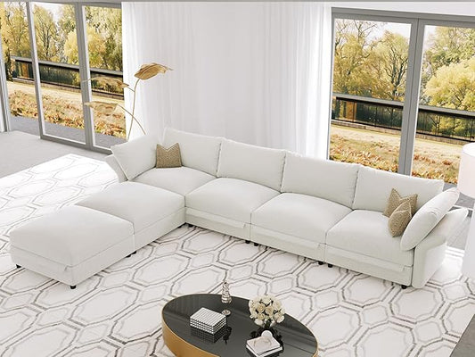 DreamDashio 159" 6-Seat L-Shaped Sectional Sofa, Oversized Modular Cloud Couch with Storage, Adjustable Arms & High Back, Beige Chenille for Living Room
