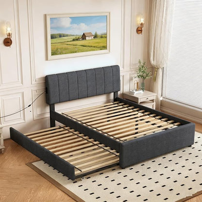 Full Size Upholstered Platform Bed with Pull-Out Trundle Bed | Twin Size Trundle, LED Lighting Controlled by APP, USB+Type-C Charging Ports, Linen Upholstered Bed Frame,Dark Grey
