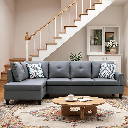 L-Shaped Sectional Sofa, Modern 4-Seat Couch with Left Facing Chaise, Leather Sectional Couch for Living Room, Apartment, Office, Dark Grey