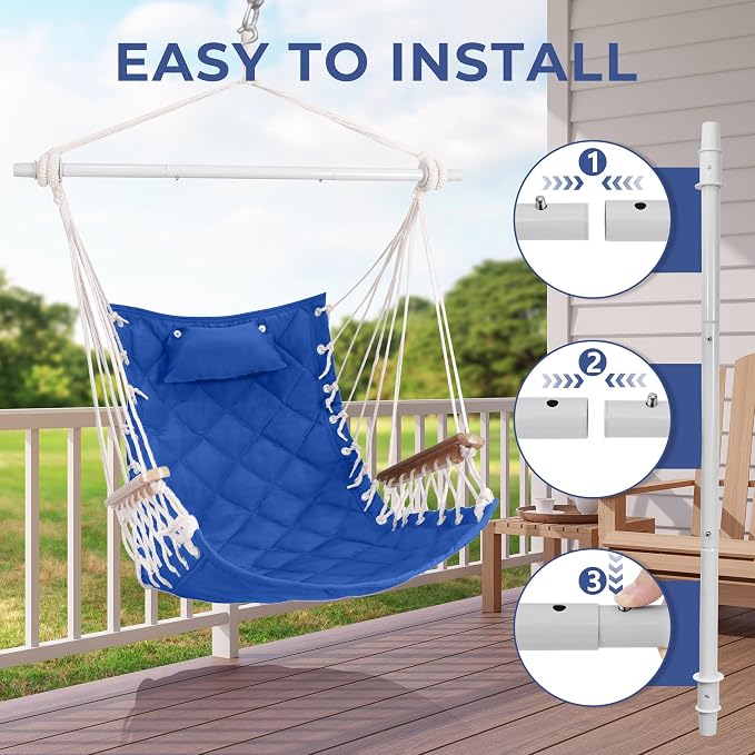 Hammock Chair Hanging Swing with Wooden Armrest;Steel Spreader Bar,Pillows,Hardware kit Included;Cotton Woven;Up to 350 Lbs,for Indoor Outdoor Blue