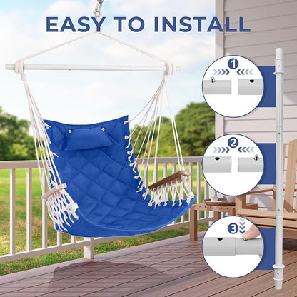 Hammock Chair Hanging Swing with Wooden Armrest;Steel Spreader Bar,Pillows,Hardware kit Included;Cotton Woven;Up to 350 Lbs,for Indoor Outdoor Blue