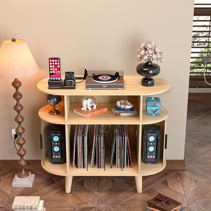 LUVIOHOME Large Round Record Player Stand with Charging Station & USB Ports，Record Storage Cabinet, Mid Century Modern Turntable Stand for Bedroom Living Room (Small Oak)