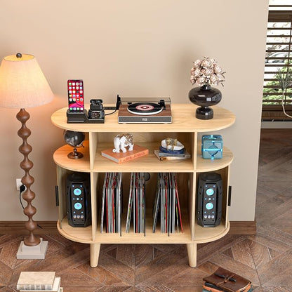 LUVIOHOME Large Round Record Player Stand with Charging Station & USB Ports，Record Storage Cabinet, Mid Century Modern Turntable Stand for Bedroom Living Room (Small Oak)