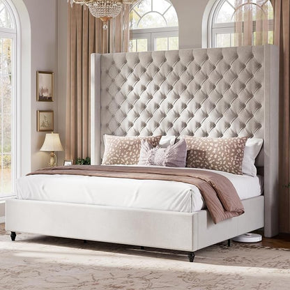 Jocisland Queen Size Bed Frame with 63" Tall Headboard, Upholstered Wingback Platform Design, Handcrafted Pleats & Deep Button Tufted, Solid Wood Legs, No Box Spring Needed, Ash White