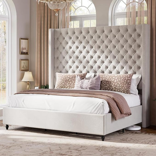 Jocisland Queen Size Bed Frame with 63" Tall Headboard, Upholstered Wingback Platform Design, Handcrafted Pleats & Deep Button Tufted, Solid Wood Legs, No Box Spring Needed, Ash White