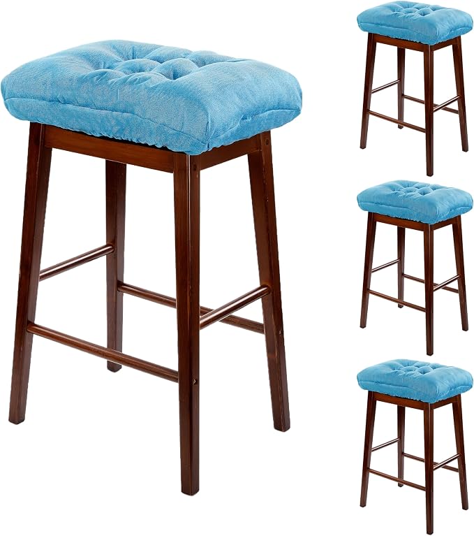 Rectangular Stool Cushion Set of 4, Soft Saddle Stool Cushions with Ties, Nonslip and Washable, Light Blue, 18 x 10.5 x 4 Inch