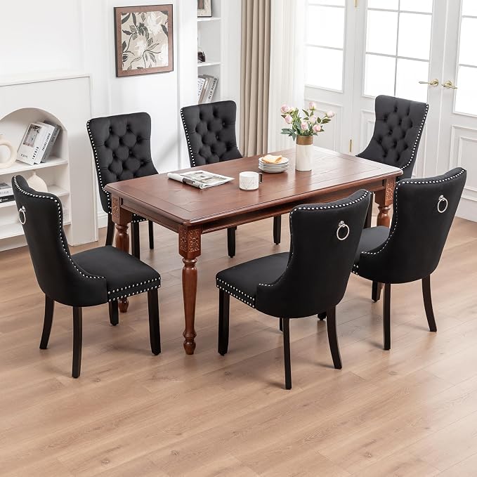 Mid Century Modern Dining Chair Set of 8 Velvet Upholstered Dining Room Chair Farmhouse Dining Accent Chairs with High Back and Nailhead Trim for Kitchen, Living Room, Bedroom (Black, set of 8)
