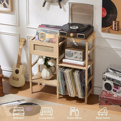 LELELINKY Record Player Stand, Natural Oak Wood Record Holder with Vinyl Storage Holds up to 300+ Albums, 3-Tier Rattan Media Table with Vinyl Display Shelf, Record Storage Cabinet for Living Room