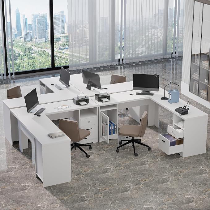 MU L Shaped Desk with File Cabinet, Corner Computer Desk with Storage Drawers, Large Home Office Table with Power Outlets, 60 Inch (White)