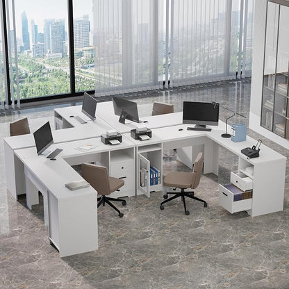 MU L Shaped Desk with File Cabinet, Corner Computer Desk with Storage Drawers, Large Home Office Table with Power Outlets, 60 Inch (White)