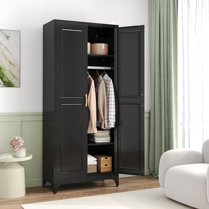 Metal Wardrobe Cabinets,Black Armoire Wardrobe Closet with Hanging Rod,Clothes Storage Cabinet with Adjustable Shelves and Doors,Clothing Cabinet for Bedroom, Office, Laundry Room