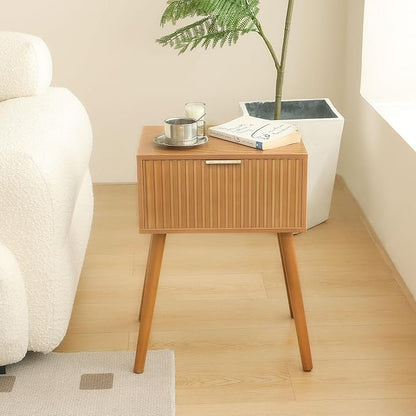 AWASEN Fluted Nightstand, Small Bedside Table with Storage Drawer, Accent End Table Living Room for Bedroom and Small Space, Brown