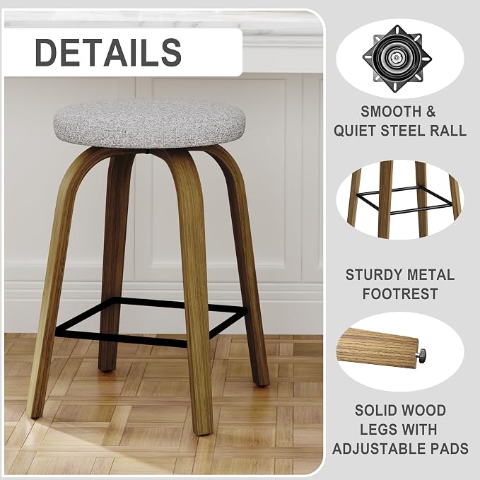 Bar Stools Set of 2, Counter Height Backless Bar Stools, 26" Swivel Barstools Kitchen Chair with Upholstered Fabric Seat, Gray