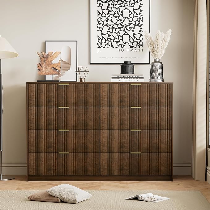 Furniway Walnut Dresser for Bedroom, Modern Dresser with 8 Drawers and Smooth Slides, Wide Chest of Drawers with Golden Handles for Bedroom, Closet, 15.7" D x 55" W x 37.4" H