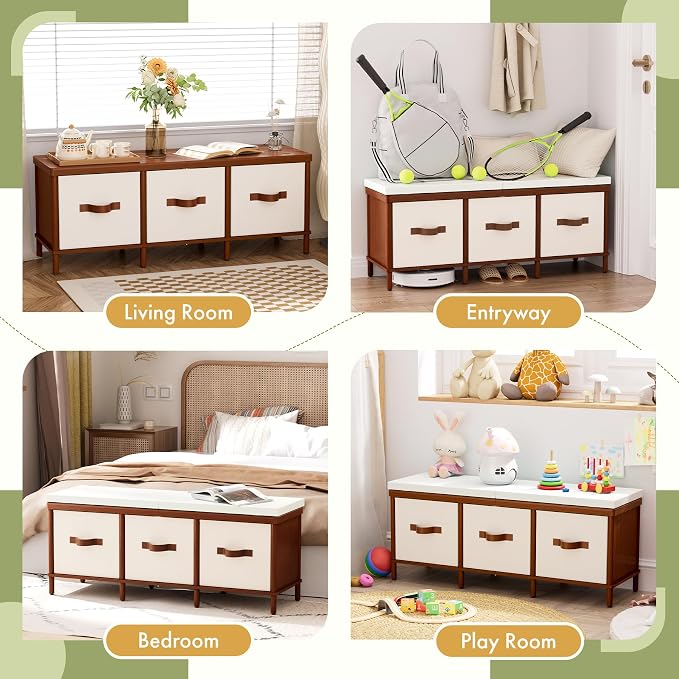 Storage Bench, 43.3" Bamboo Storage Chest with 3 Drawer, Entryway Bench with Cushioned Seat, Shoe Bench with Storage Toy Box, Toy Chest Storage Bench for Entryway, Living Room, Bedroom, Walnut