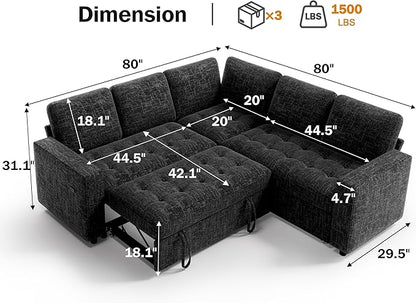 Vipbear 5 Seat L Shaped Modular Sectional Sleeper Sofa Bed with Pull Out Bed/Reclining Backrest/USB Ports/Storage Seat, Sectional Sleeper Couch, Tool-Free Assembly, Chenille Black