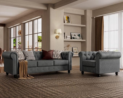 Morden Fort 2 Piece Classic Chesterfield 4-Seater Set, Tufted Chair & Sofa Furniture Solid Wood Legs Thick Cushion, Pet-Friendly Couch Set for Living Room Bedroom Apartment, Linen Grey