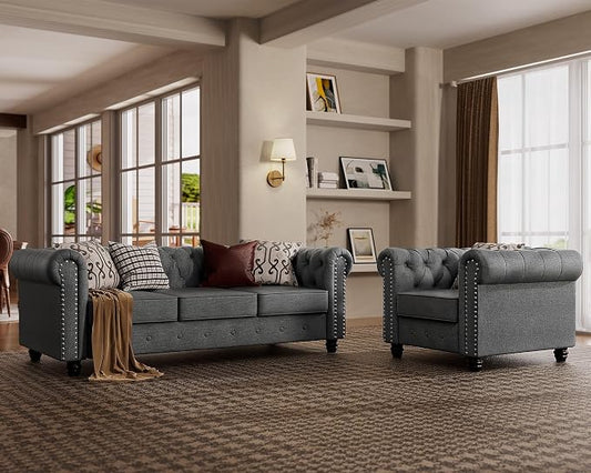 Morden Fort 2 Piece Classic Chesterfield 4-Seater Set, Tufted Chair & Sofa Furniture Solid Wood Legs Thick Cushion, Pet-Friendly Couch Set for Living Room Bedroom Apartment, Linen Grey