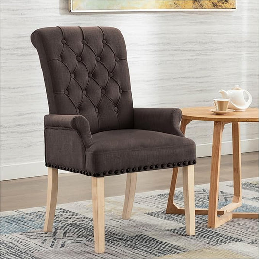 adochr Upholstered Fabric Accent Dining Chair, Elegant Tufted Club Dining Room Kitchen Room Arm Dining Chair, Brown