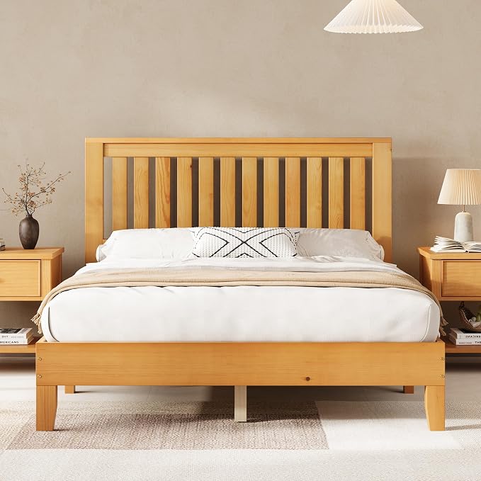 AMERLIFE Queen Size Bed Frame, Solid Wood Platform Bed with Vertical Slats Headboard, Wooden Bedframe Queen, Sturdy Wooden Slats Support, No Noise, Light Wood