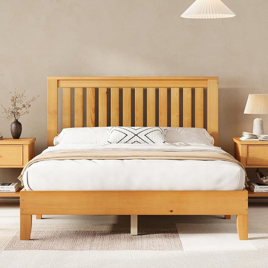AMERLIFE Queen Size Bed Frame, Solid Wood Platform Bed with Vertical Slats Headboard, Wooden Bedframe Queen, Sturdy Wooden Slats Support, No Noise, Light Wood