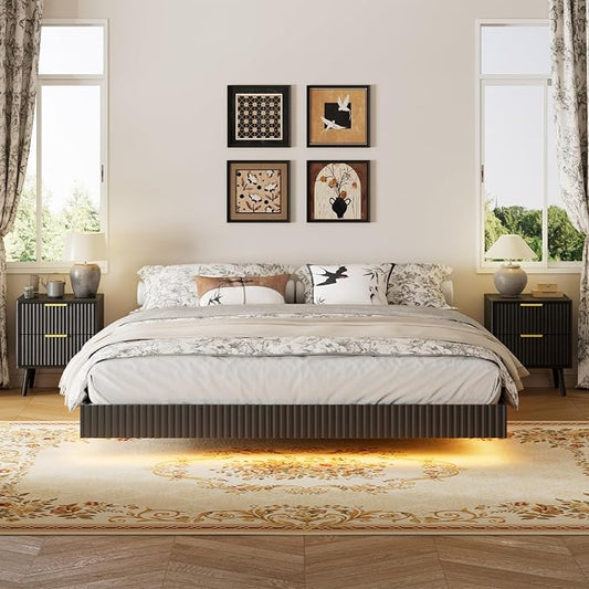 LYNSOM 3 Pieces King Bedroom Set, Floating Bed Frame with Smart LED Lights & Nightstand Set of 2, Fluted Bedroom Furniture Set for Home, Bedroom, Black