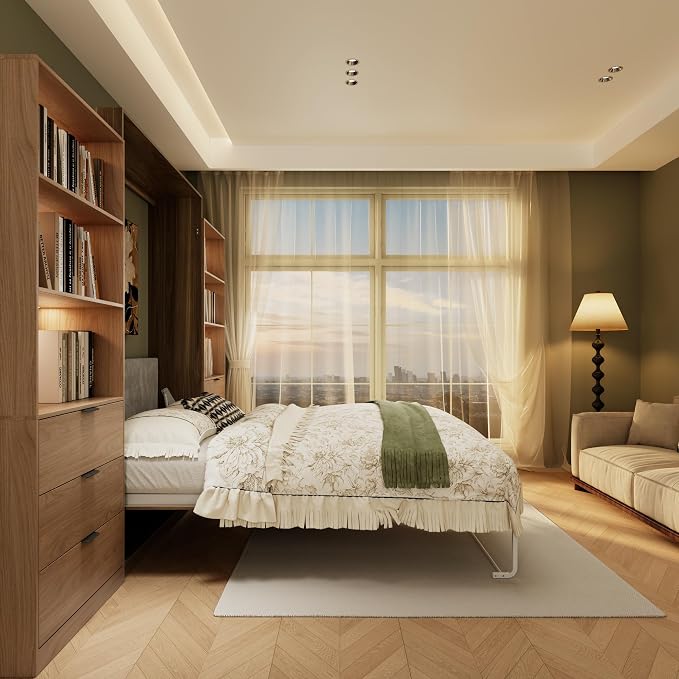 Bobve Farmhouse Murphy Bed Queen,85" Wall Bed Folds to Save Space,Concealed Bed Frame with 2 LED Storage Cabinets and Wall Mounted Features for Apartment/Office/Guest Room,Brown+Walnut