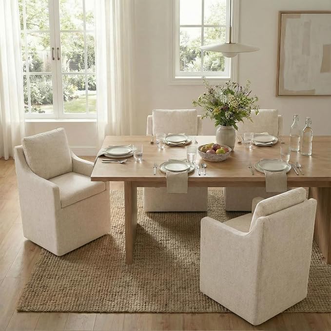 KISLOT Upholstered Dining Chairs Set of 1, Modern Dining Room Chairs with Casters & Washable Cover, Rolling Accent Chair with Hidden Storage for Kitchen, Farmhouse, Linen, 1 Box