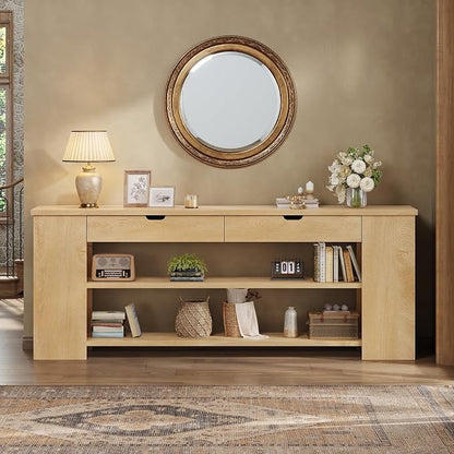 71.8 Inch Extra Long Console Table with Drawers, Farmhouse Long Console Table with Shelves & Built-in Outlets, Entryway Table with Storage for Living Room, Entryway, Natural