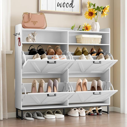 BORNOON Shoe Cabinet with 4 Flip Drawers Narrow Shoe Storage Cabinet Organizer Wooden Freestanding Shoe Rack Hidden Slim Shoes Storage Cabinet for Entryway, Hallway, Living Room, Bedroom