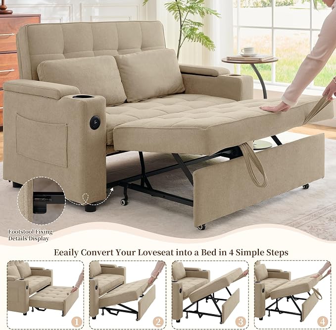 Korser 55.5'' 3-in-1 Convertible Sofa Bed, Pull Out Couch with 5-Position Adjustable Backrest, Loveseat Sleeper Sofa for Small Spaces, Sofa Couch with Cup Holders for Living Room, Office, Chenille