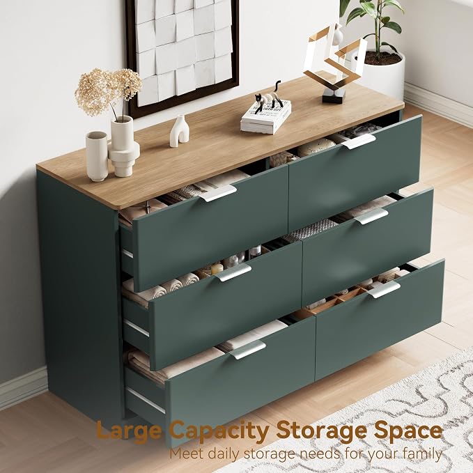 3 Pieces of Dresser and Nightstand Set,47.2" Width 6-Drawer Dresser & 3-Drawer Nightstands Set of 2 w/Metal Handle, Modern Design for Bedroom,Green & Brown