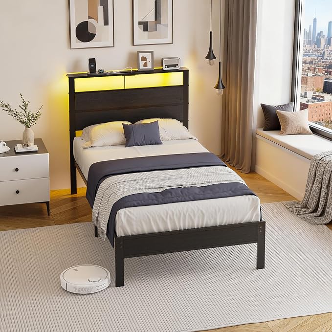 Twin Bed Frame with LED Lights & USB Charging Station, Black Metal Platform Bed with Storage Headboard, Under-Bed Space, Noise-Free & Sturdy, No Box Spring Needed, Easy Assembly